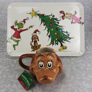 Dr Seuss The Grinch Tray & Max the Dog 16 oz Sculpted Mug Festive Holiday Duo